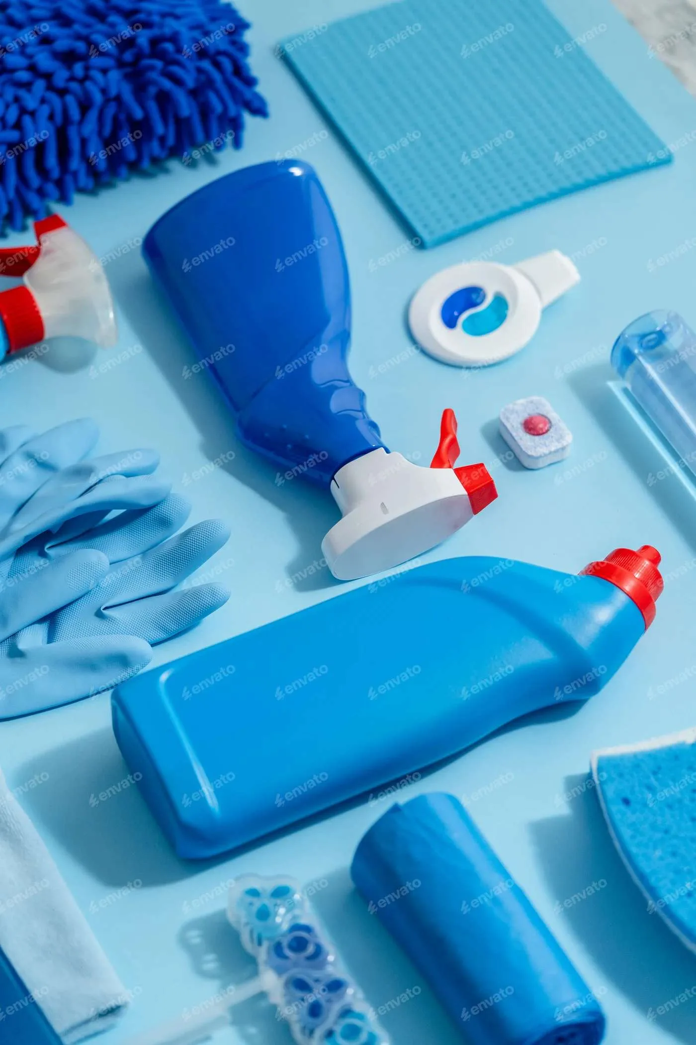 A bunch of cleaning supplies usually used by a reliable government cleaning company.